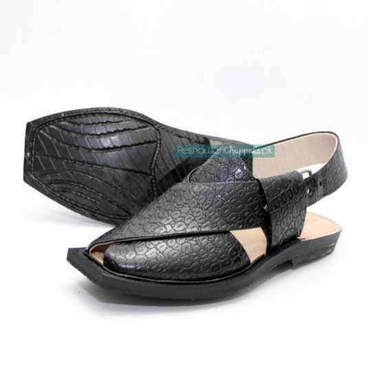 Black Printed Leather Quetta Norozi Chappal - 092289