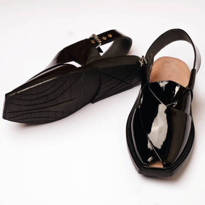 Handmade Black Patent Leather Chappal with Single Sole - 092337