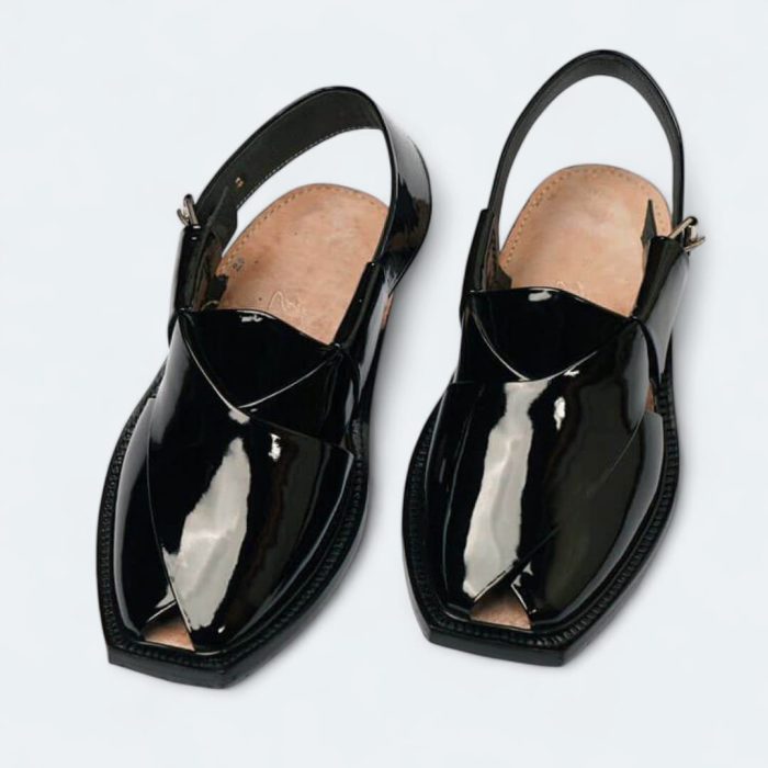 Handmade Black Patent Leather Chappal with Single Sole - 092337