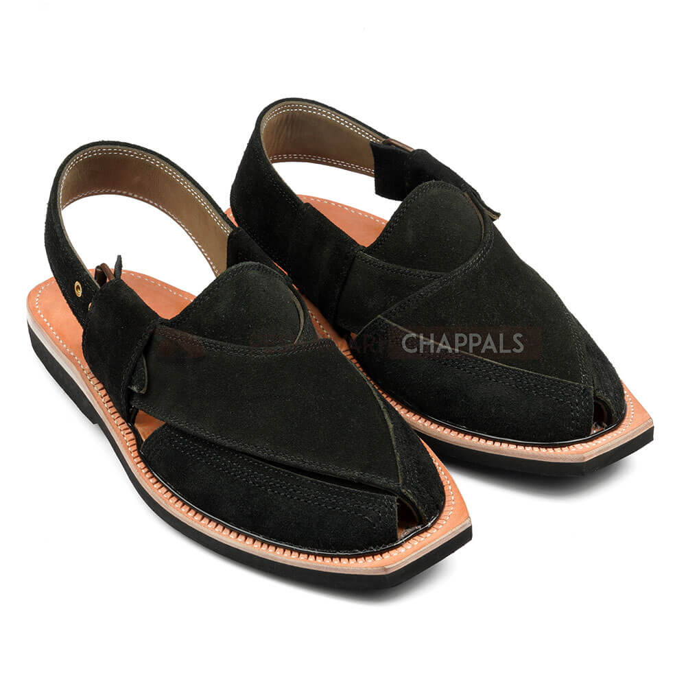 Handmade Black Suede Norozi Chappal With Single Sole - 09236