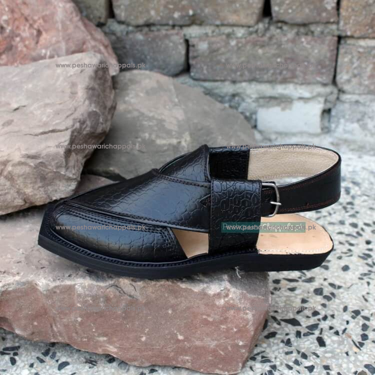 Midnight Black Printed Leather Quetta Norozi Chappal - 092376