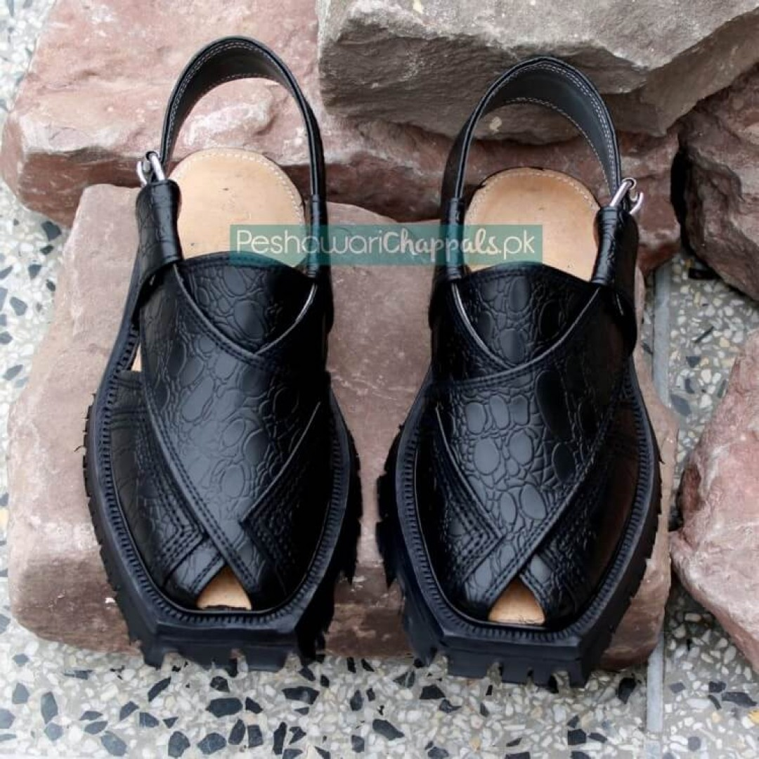 Handmade Black Printed Leather Shikari Leather Chappal - 092392