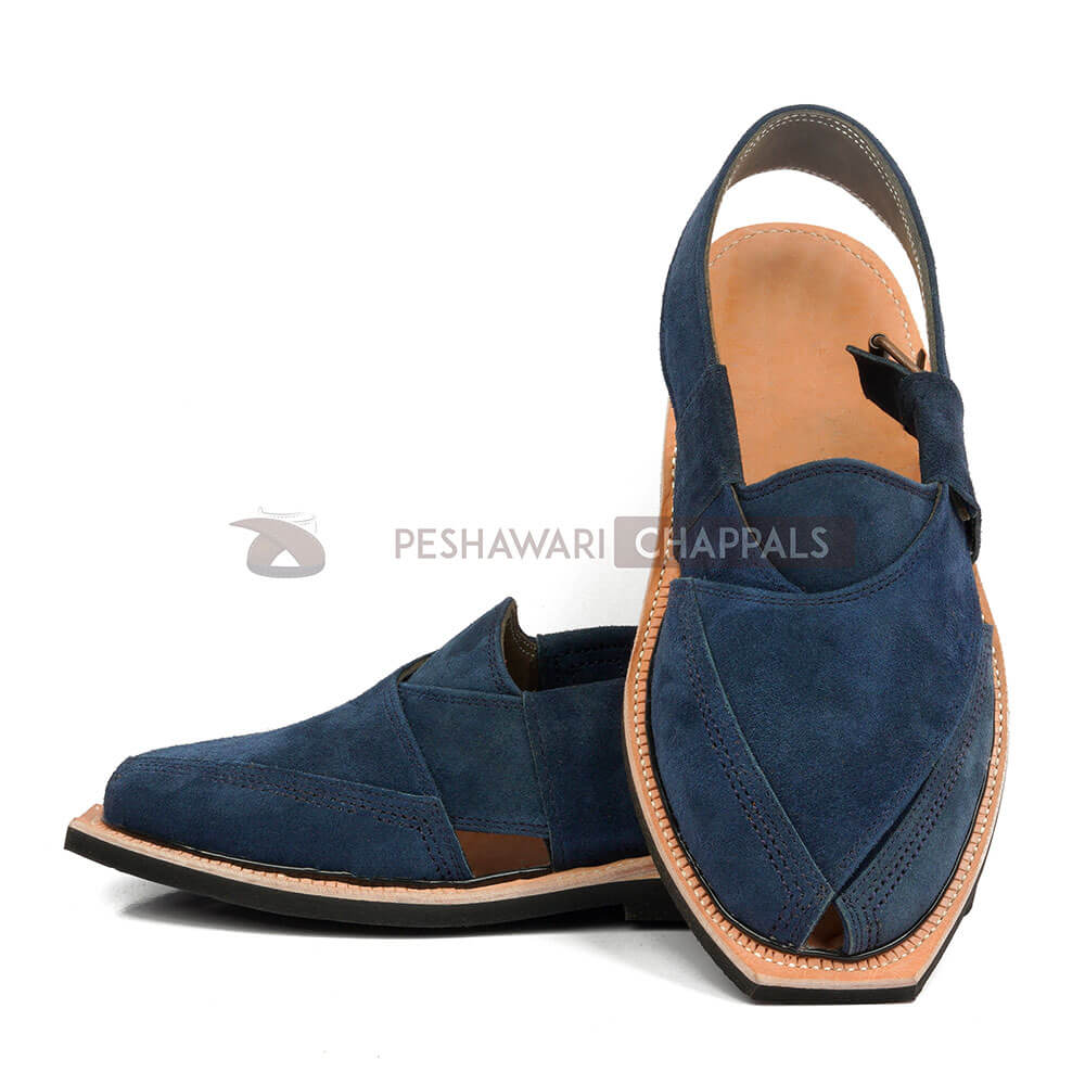 Hand Crafted Blue Suede Quetta Norozi Chappal With Single Sole – 092366