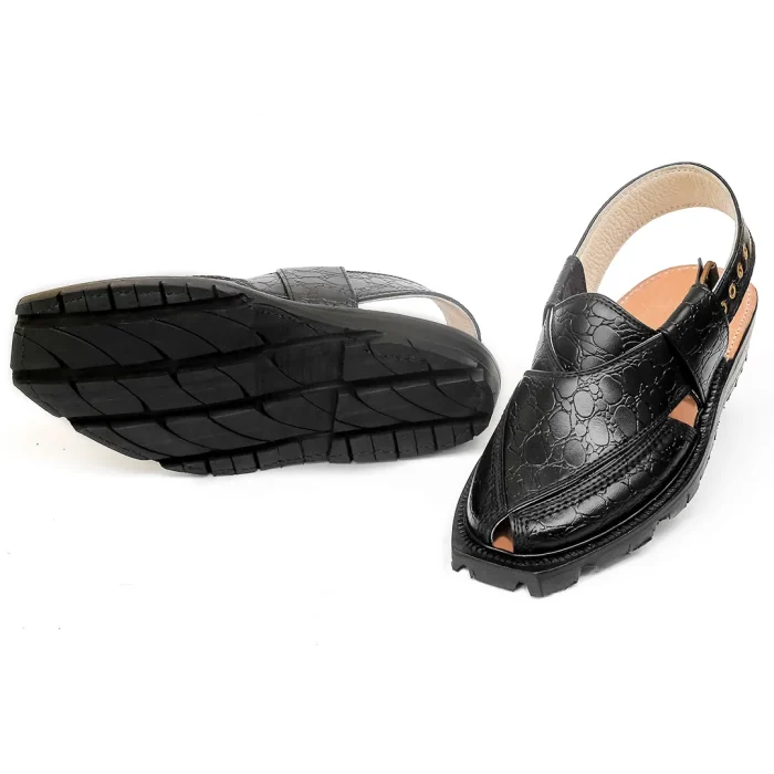 Black Printed Leather Quetta Norozi Chappal - 092395