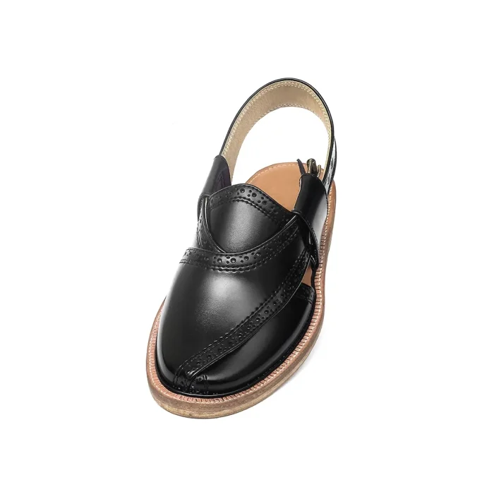 Black Brock Leather Quetta Norozi Chappal with Round Shape - 09221