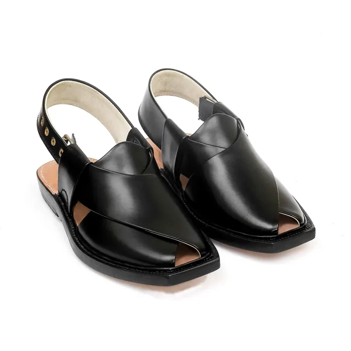 Handmade Black Norozi Leather Chappal with Leather Sole - 09252