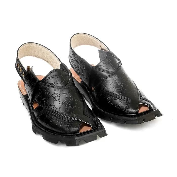 Handmade Black Printed Leather Shikari Leather Chappal - 092392