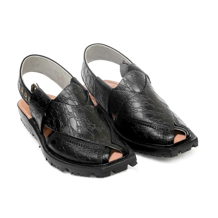 Printed Black Norozi Chappal with China Cut Shape - 09212