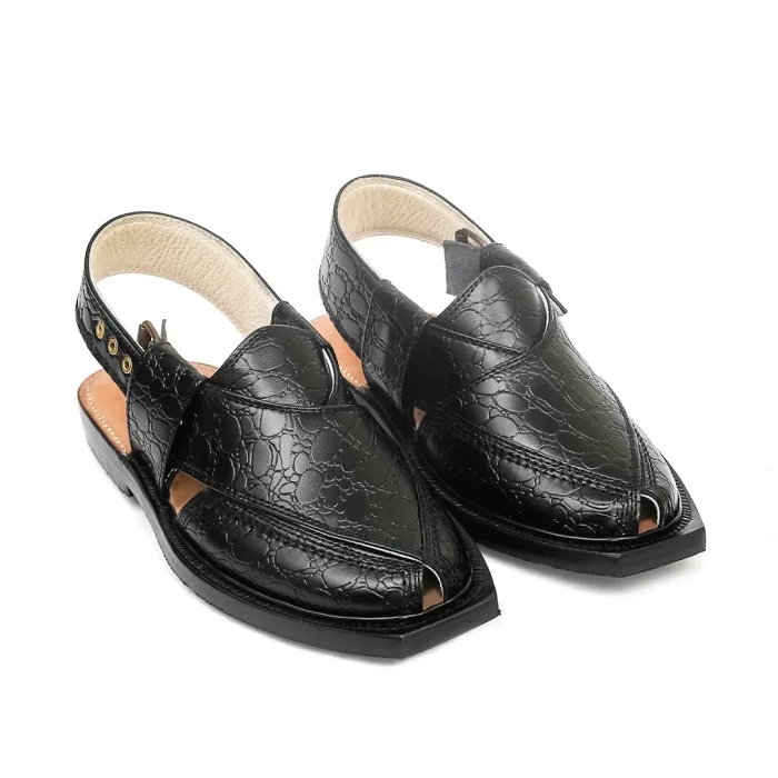 Black Printed Leather Quetta Norozi Chappal - 09260