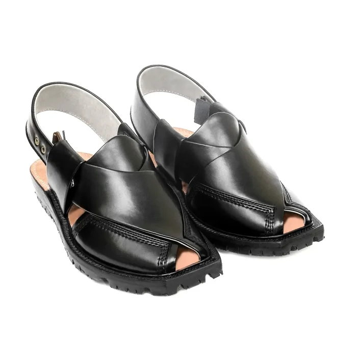 Black Norozi Chappal with China Cut Shape - 09211