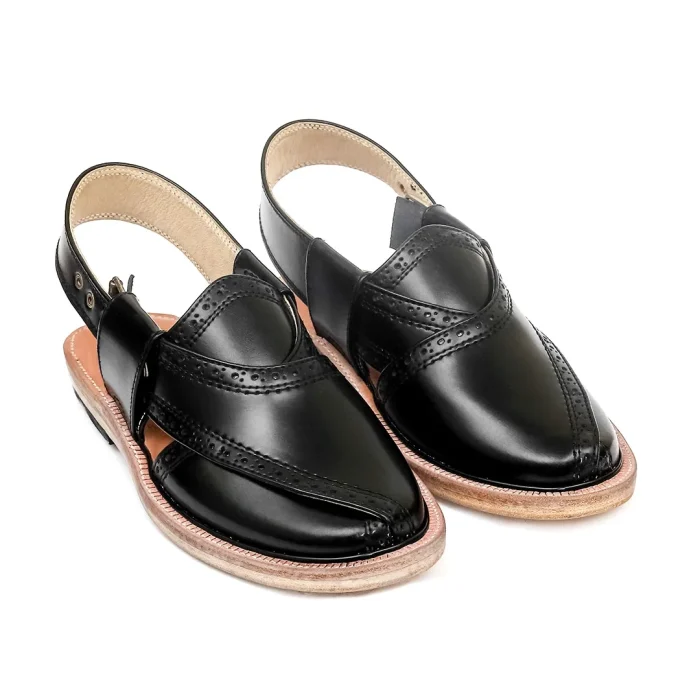 Black Brock Leather Quetta Norozi Chappal with Round Shape - 09221