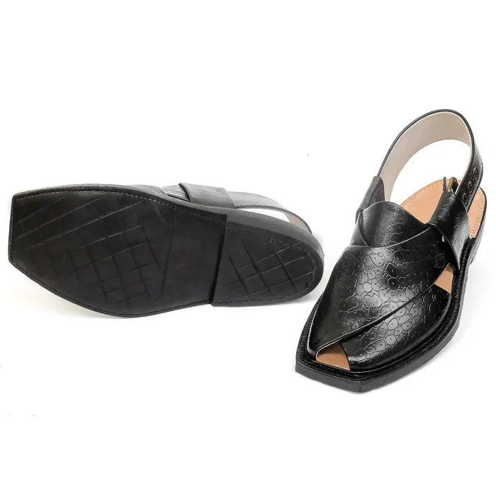 Black Printed Leather Quetta Norozi Chappal - 092289