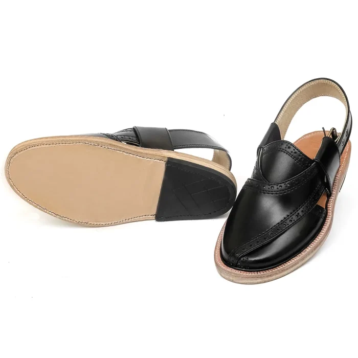 Black Brock Leather Quetta Norozi Chappal with Round Shape - 09221