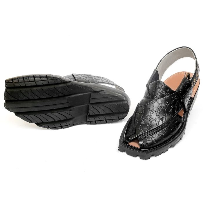Printed Black Norozi Chappal with China Cut Shape - 09212