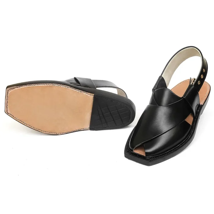 Handmade Black Norozi Leather Chappal with Leather Sole - 09252