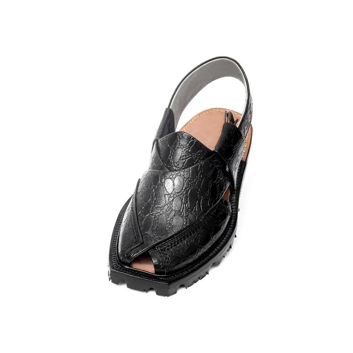 Printed Black Norozi Chappal with China Cut Shape - 09212