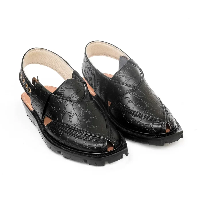 Black Printed Leather Quetta Norozi Chappal - 092395