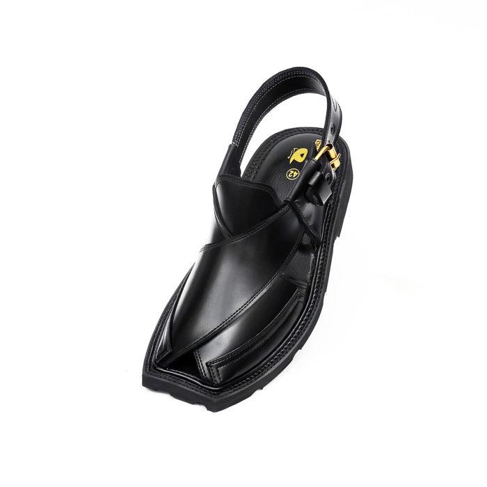 Black Peshawari Chappal with Double Tire Sole - 092144