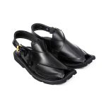 Black Peshawari Chappal with Double Tire Sole - 092144