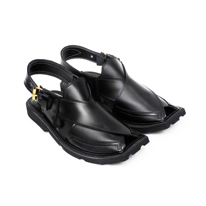 Black Peshawari Chappal with Double Tire Sole - 092144