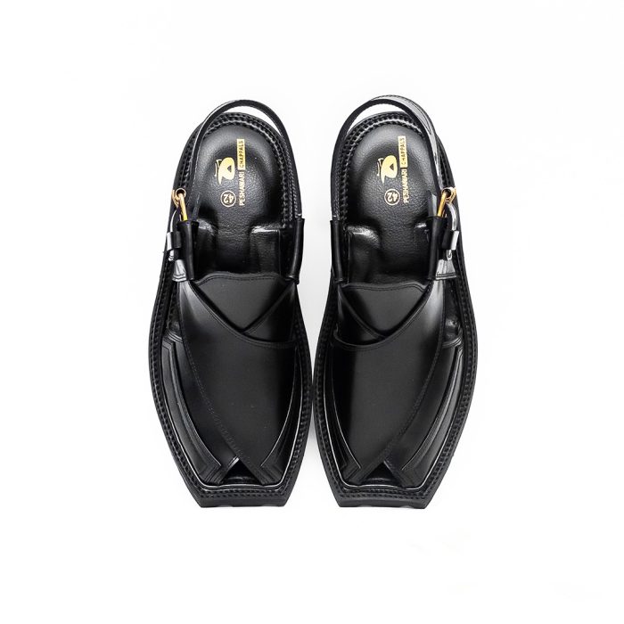 Black Peshawari Chappal with Double Tire Sole - 092144