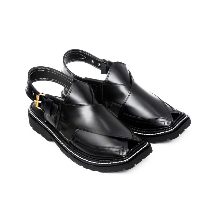 Black Peshawari Chappal with Vibram Sole - 09283